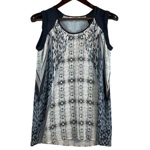 Cabi Womens XS Sleeveless Blouse Tank Sheer Overlay Boho Blue Pattern Flowy Top
